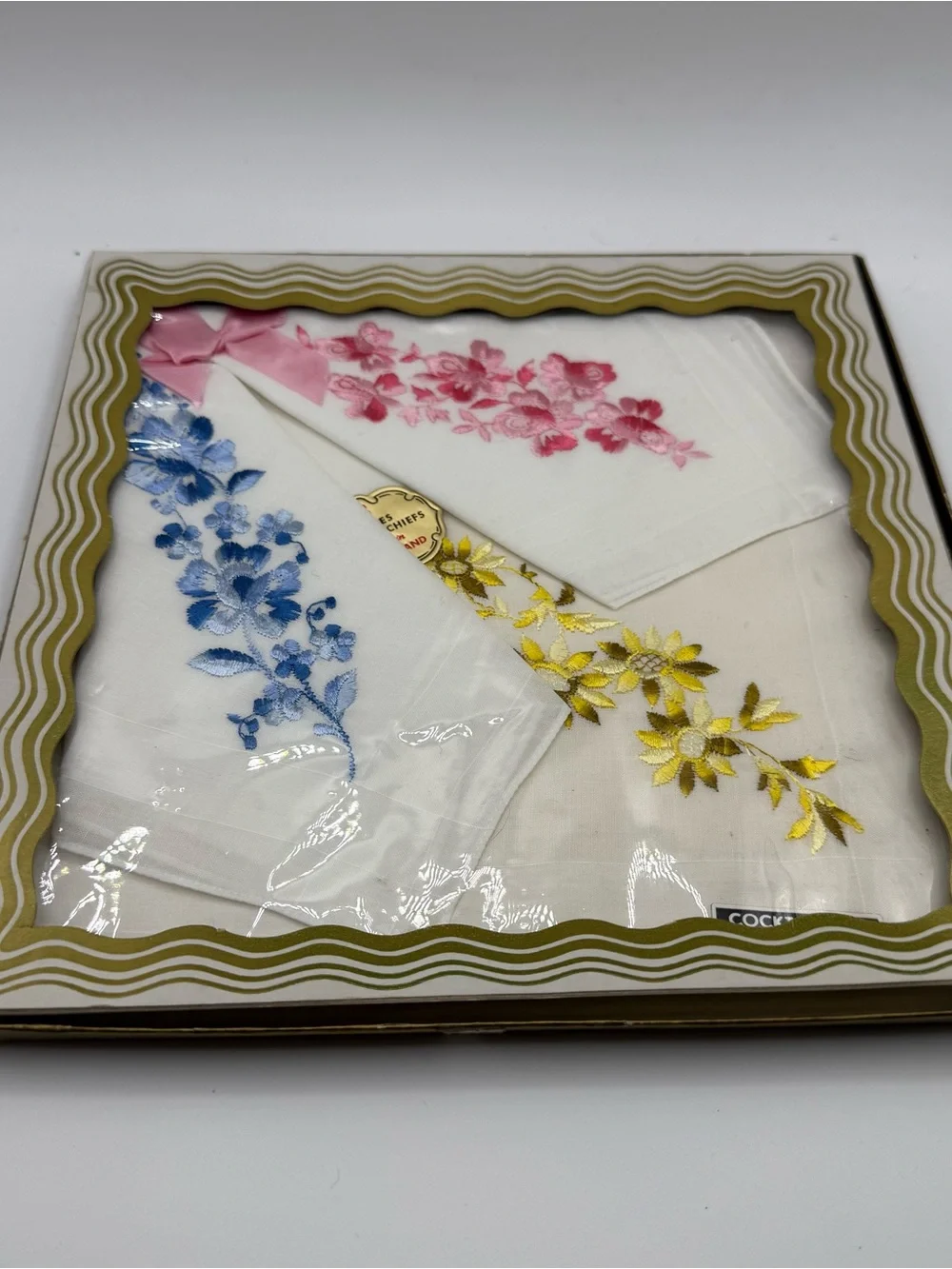 Set of 3 Embroidered Floral Handkerchief Set - Pink, Blue & Yellow
